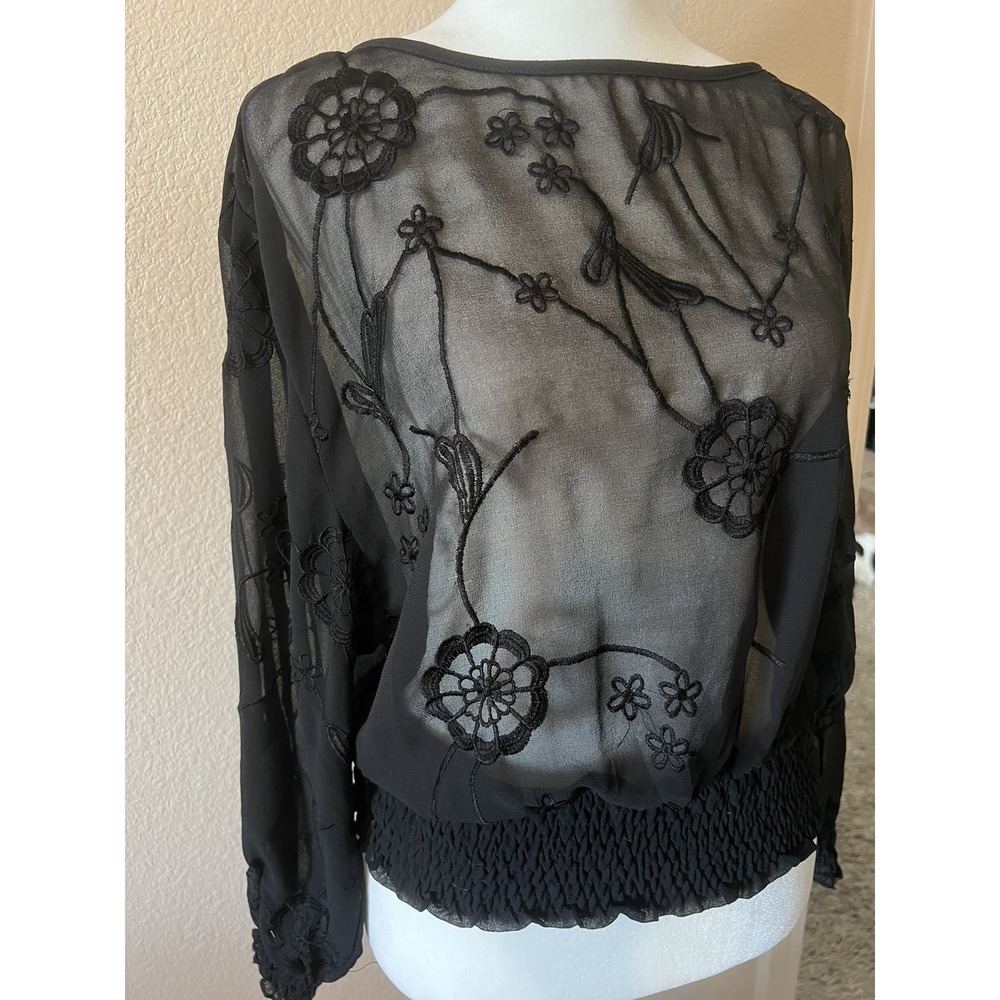 Vintage Y2K Angie Black Sheer Floral Open Back Long Sleeve Blouse Whimsygoth Med - Picture 2 of 5